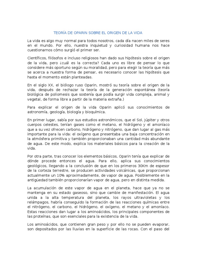 Teoría de Oparin sobre el origen de la vida.
