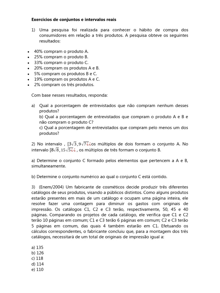 Exercícios De Conjuntos E Intervalos Reais Pdf Celsius Temperatura