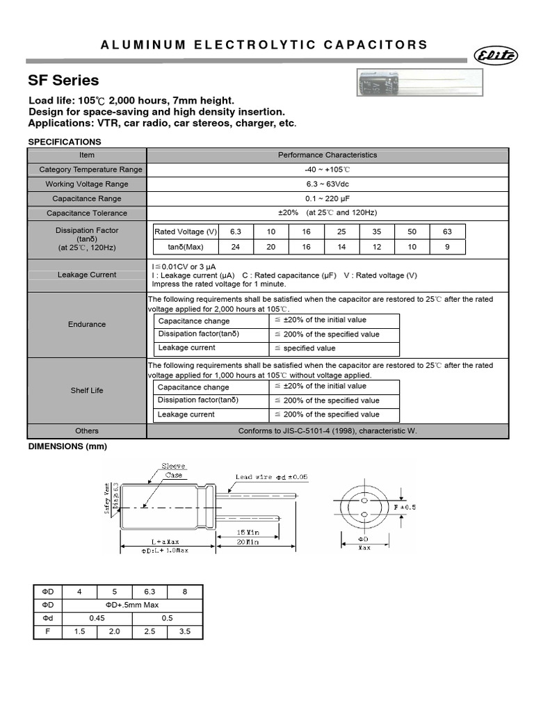 Elite (Radial Thru-Hole) SF Series | PDF | Capacitor | Capacitance