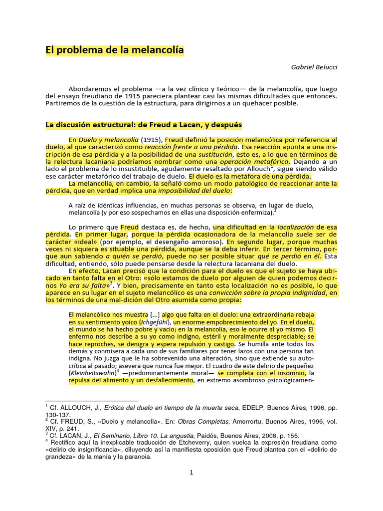 Belucci - El Problema de La Melancolía | PDF | Jacques Lacan | Neurosis