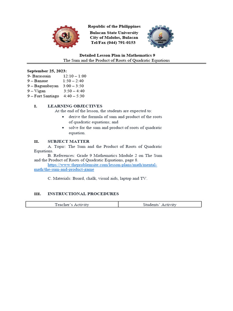 Sum and Product of Roots Lesson Plan | PDF | Quadratic Equation ...