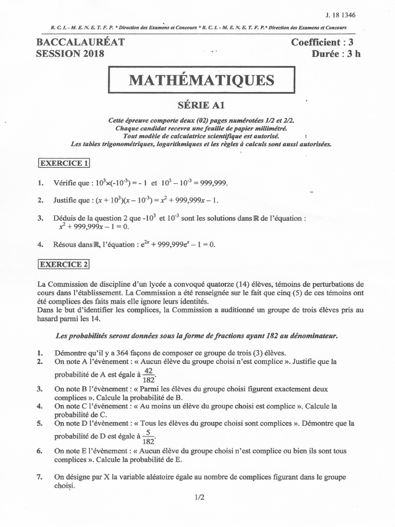 Bac A1 Math 2018 | PDF