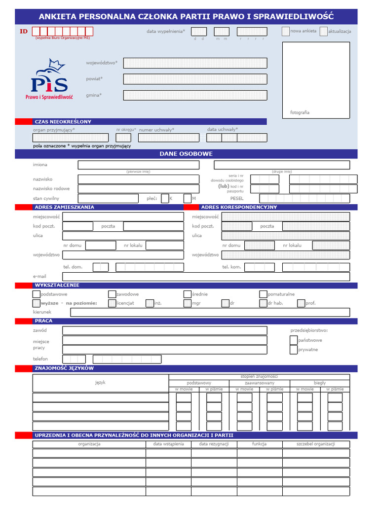 Ankieta Personalna Członka PiS - 26 - 07 - 218 | PDF