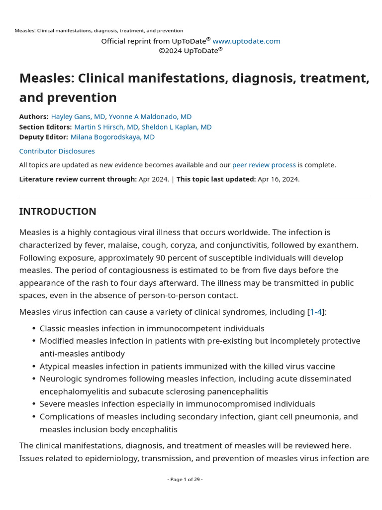 Measles Clinical Manifestations, Diagnosis, Treatment, and Prevention ...