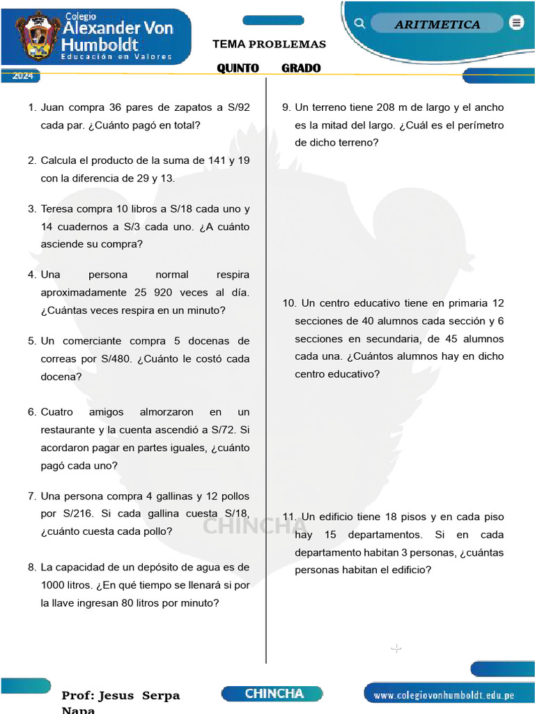 Problemas de Aritmética para Quinto Grado | PDF