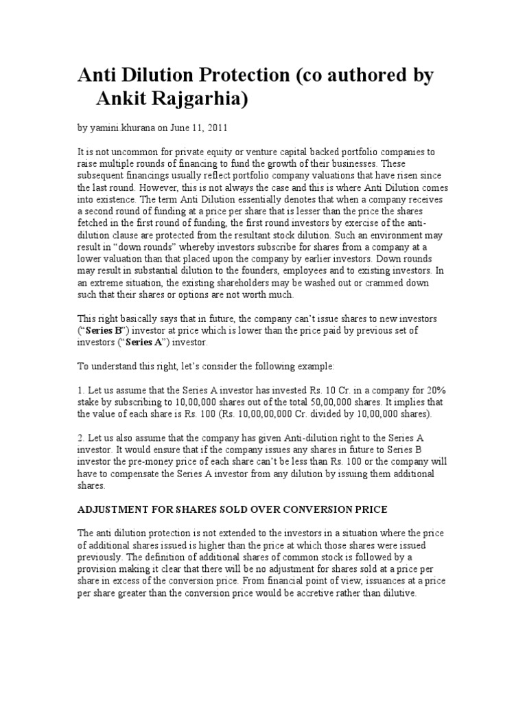 Anti Dilution Protection PDF Stocks Investor
