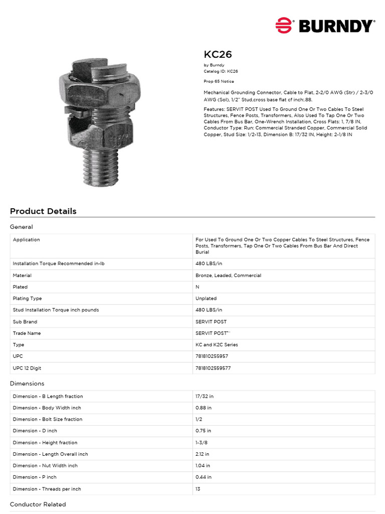 BURNDY KC26 Specsheet | PDF | Electrical Conductor