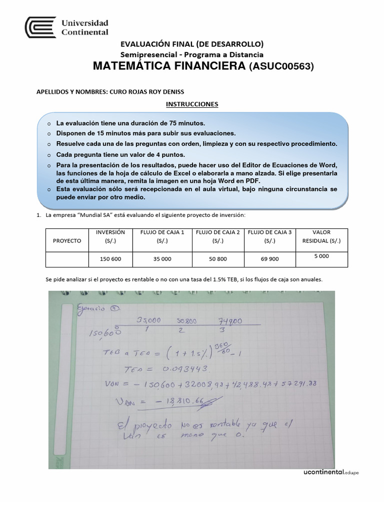 Examen Final Matematica Financiera | PDF | Finanzas Matemáticas | Dinero