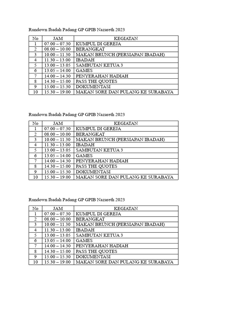 Rundown Ibadah Padang GP GPIB Nazareth 2023 | PDF