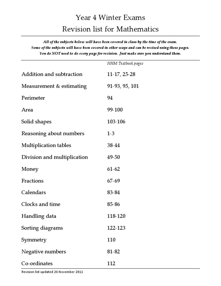 Year 4 Winter Math Exam Revision Guide | PDF | Teaching Mathematics