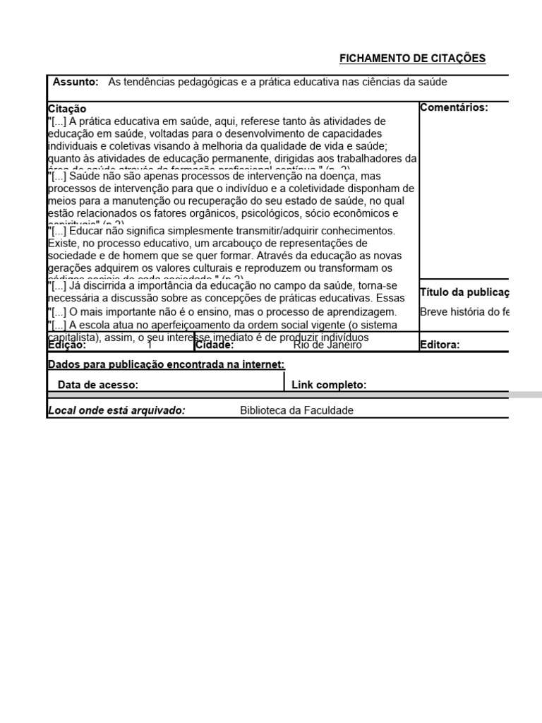 Modelo de Fichamento para Citação-1 | Download grátis PDF | Aprendizado ...