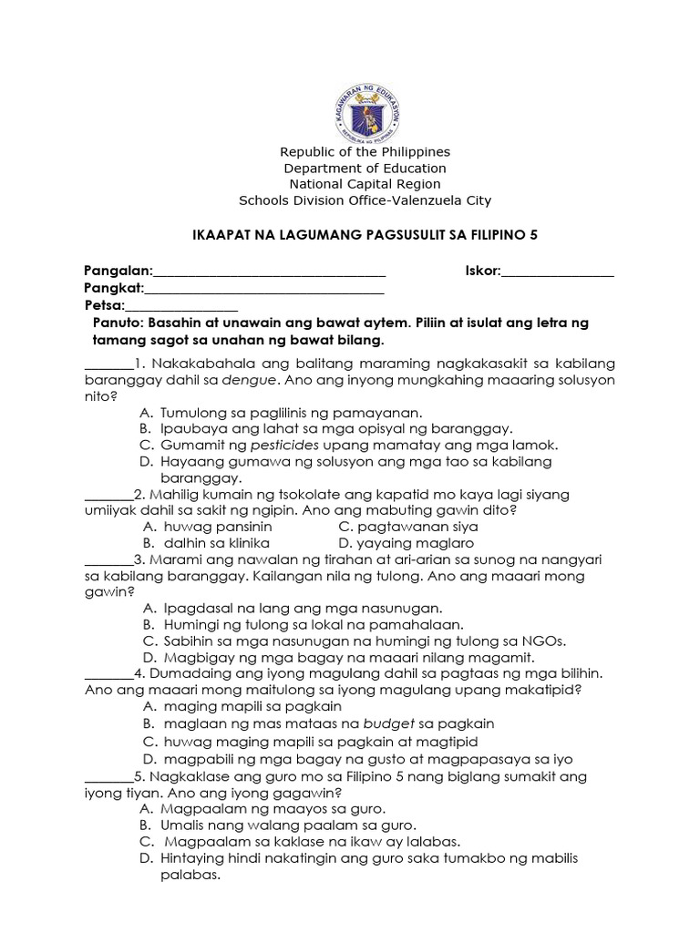 Q4 Filipino 5 Test Questions | PDF