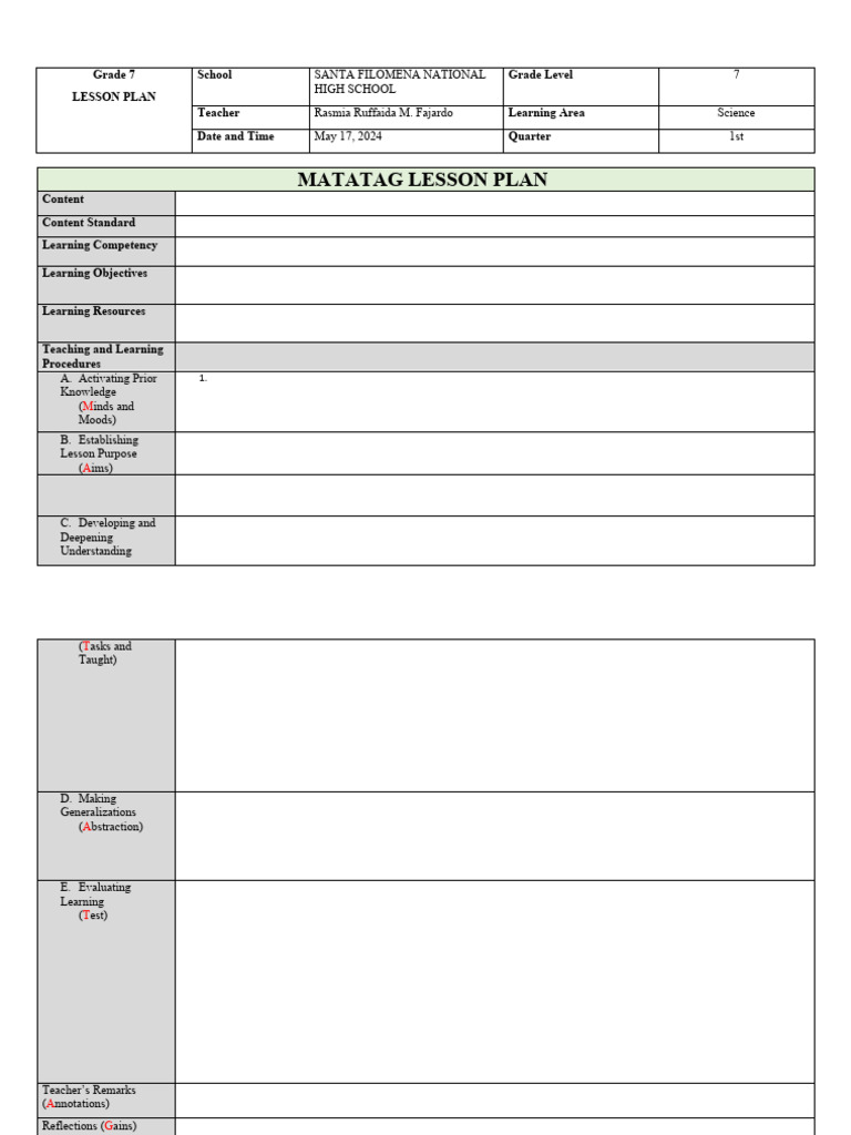 Matatag Lesson Plan For Demo Template | PDF