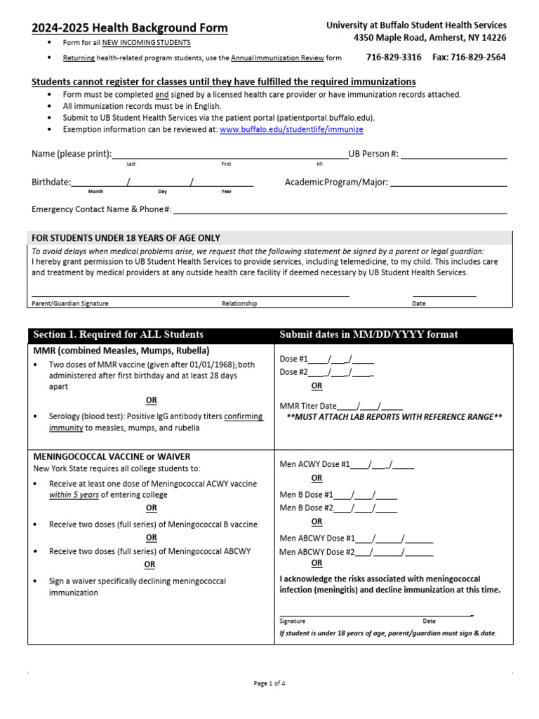 UB Health Background Form 2024-2025 | PDF | Immunology | Microbiology