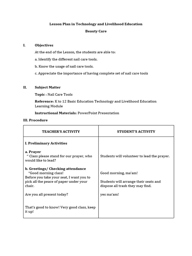 Nail Care Tools Lesson Plan | PDF | Nail (Anatomy) | Learning