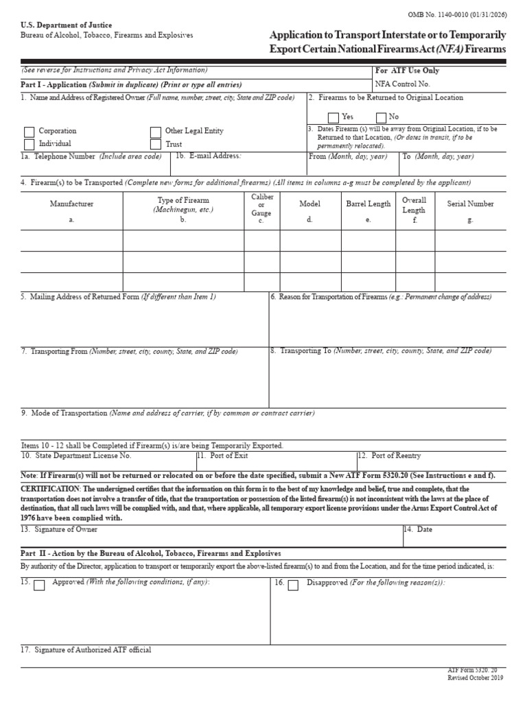 F 5320.20 Application To Transport Interstate or To Temporarily Export ...