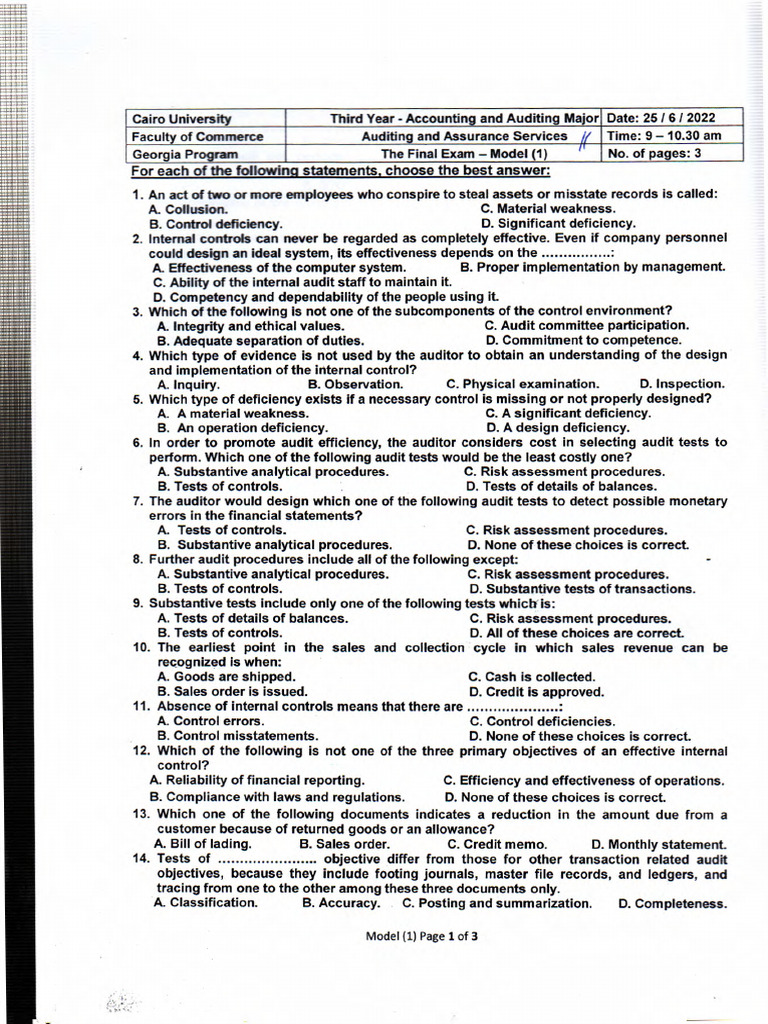 Internal Control and Audit Exam Questions | PDF | Audit | Internal Control