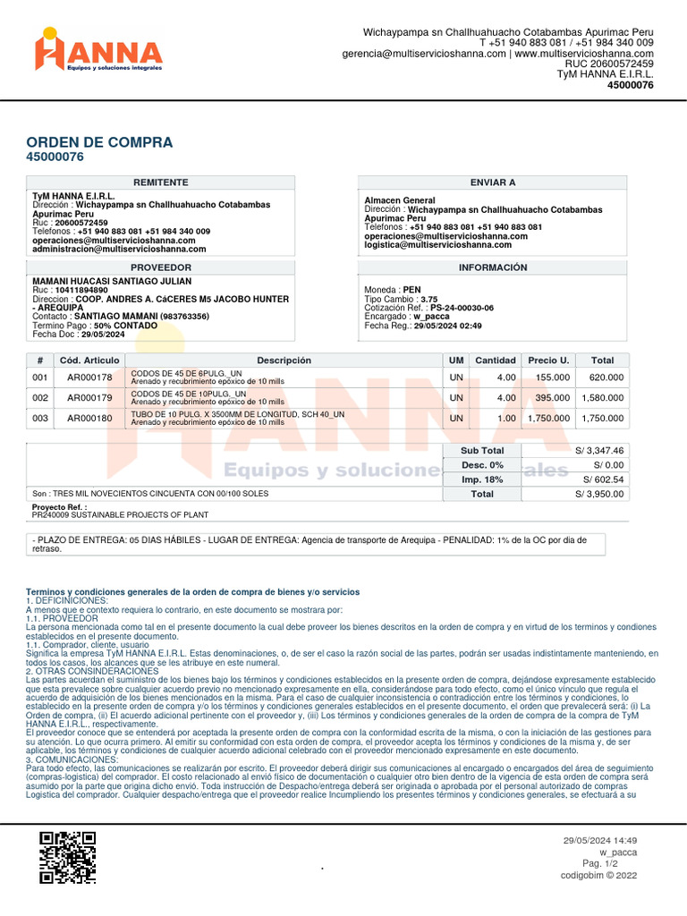 Orden de Compra TyM HANNA E.I.R.L. | PDF | Business | Industrias de ...