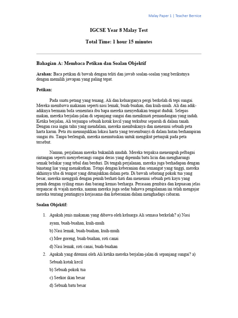 Ujian IGCSE Tahun 8: Kertas Malay | PDF | Ilmu Sosial | Seni