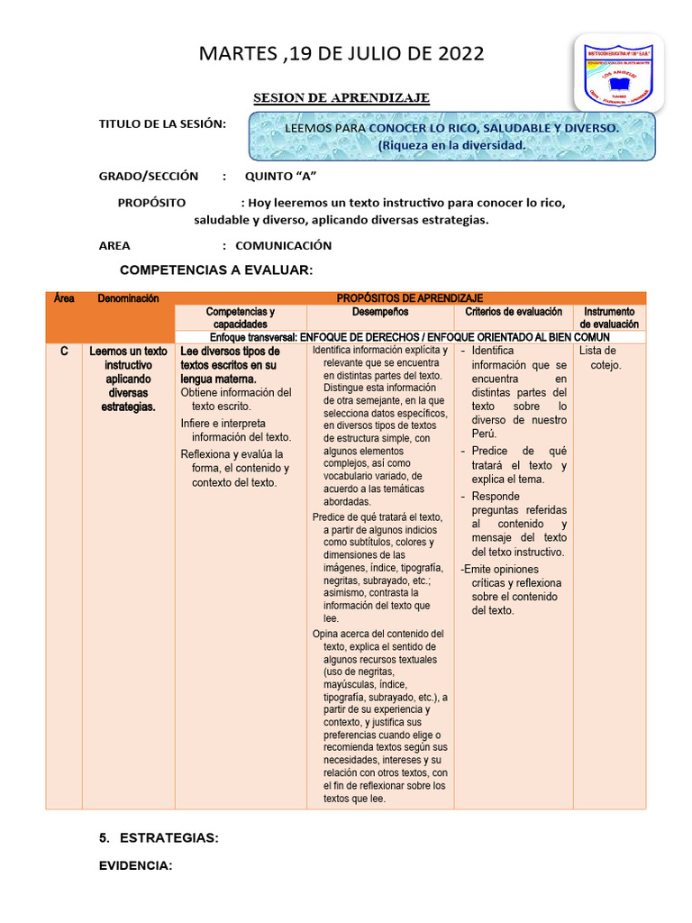 Sesion De Aprendizaje Martes 19 De Julio Plan Lector Peru Diverso Pdf