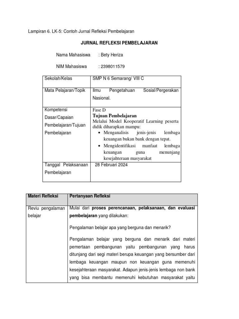 Jurnal Refleksi Pembelajaran IPS SMP | PDF | Karier & Perkembangan ...