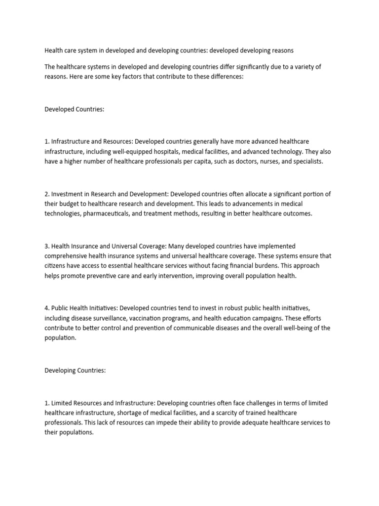 Healthcare Systems Developed Vs Developing Pdf Health Care