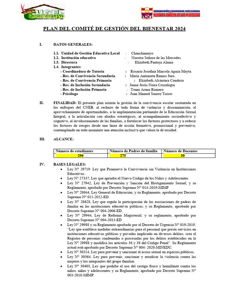 Plan de Bienestar Escolar 2024 en Chanchamayo | PDF | Abuso infantil ...