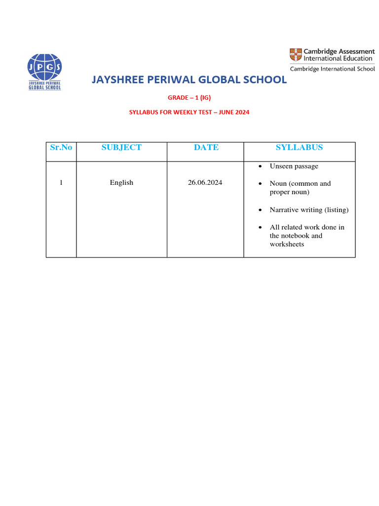 Grade 1 Weekly Test Syllabus June 2024 | PDF