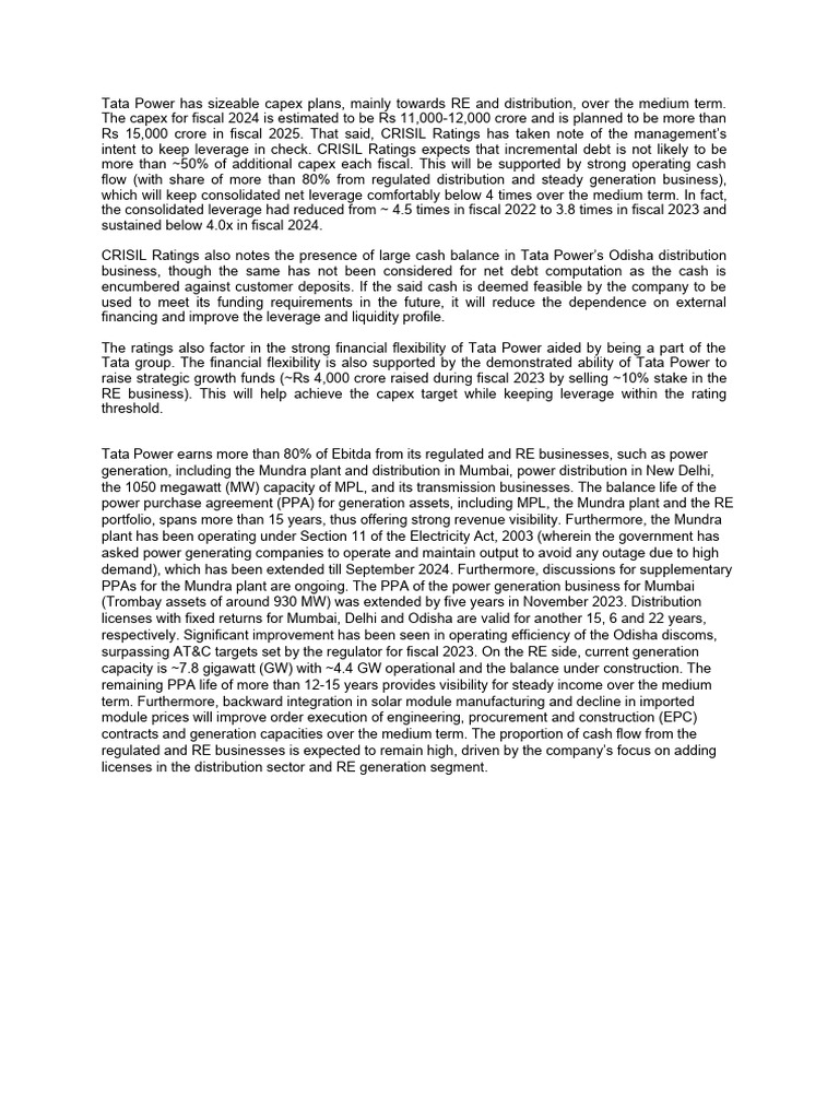 Tata Power's Capex Plans and Financial Outlook | PDF | Electric Power ...