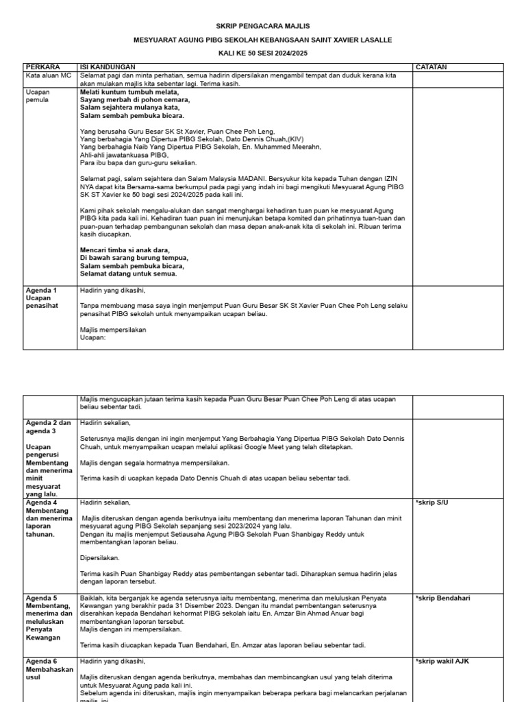 Skrip Mesyuarat Agung PIBG 2024/2025 | PDF