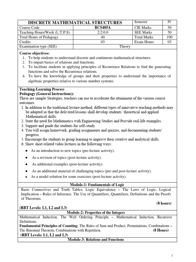 BCS405A Discrete Mathematics Syllabus | PDF | Group (Mathematics ...