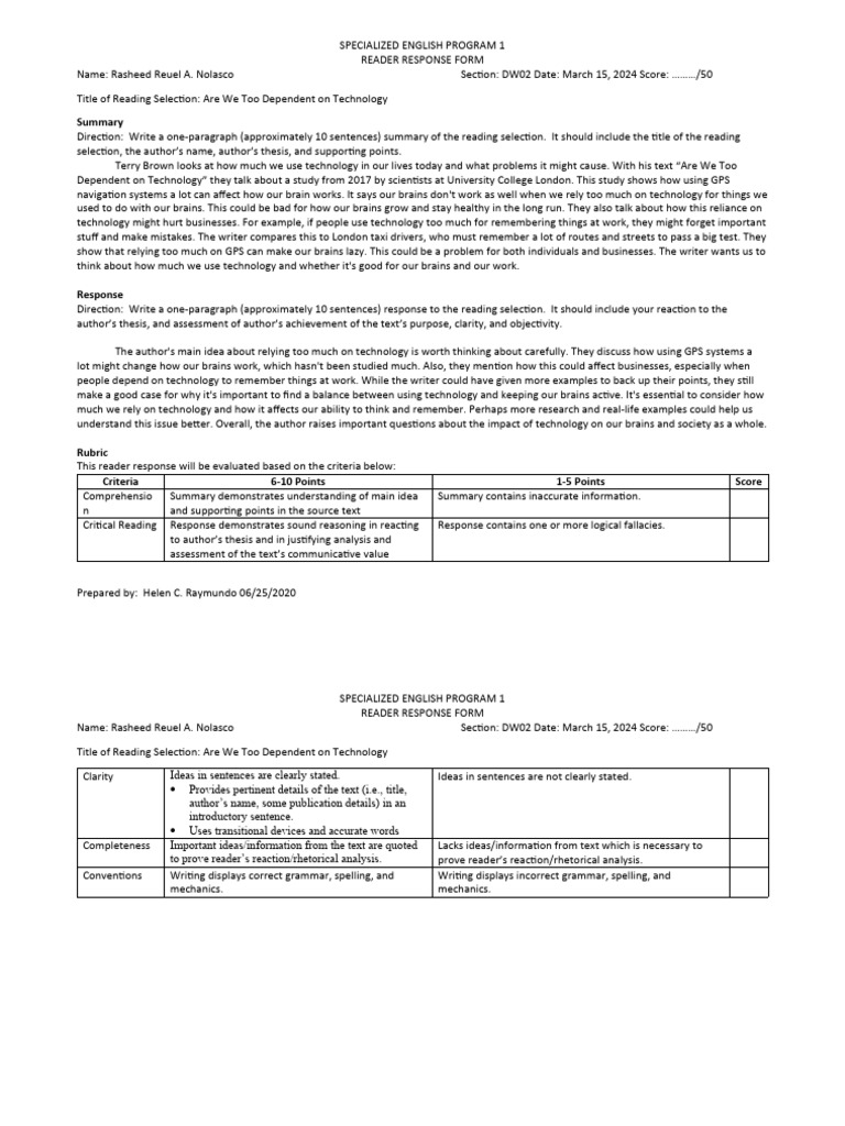 Reader Response Form With Rubric D3 - Nolasco | PDF | Reading ...