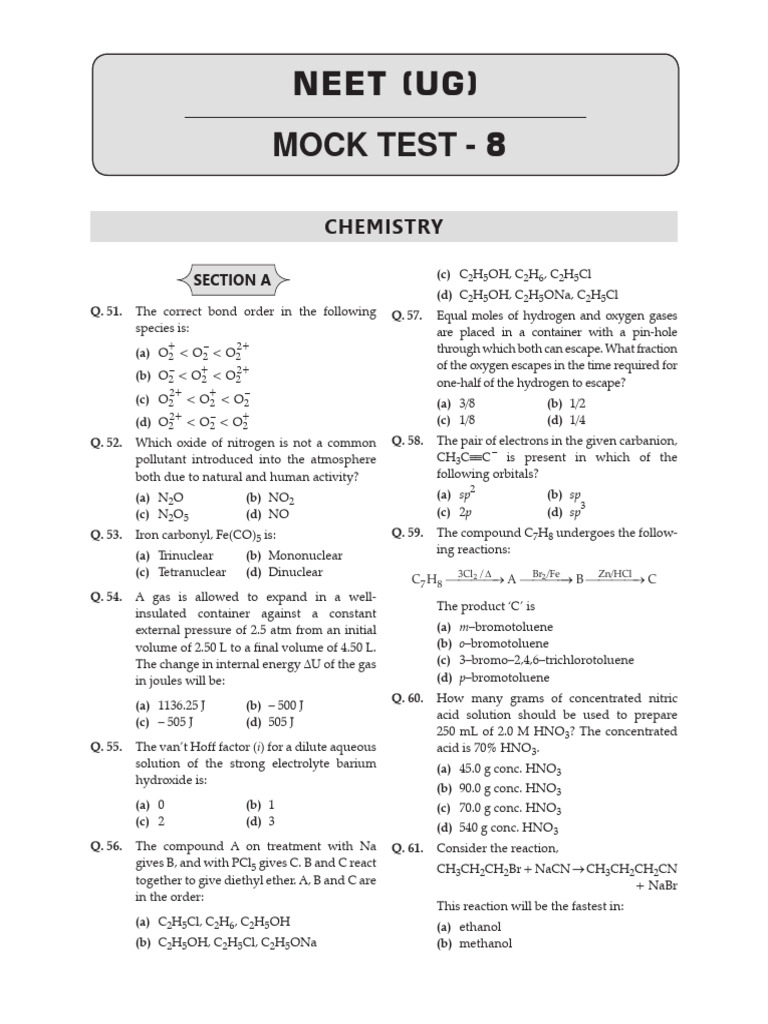 Chemistry Mock Test 8 Pdf Chemical Reactions Acid