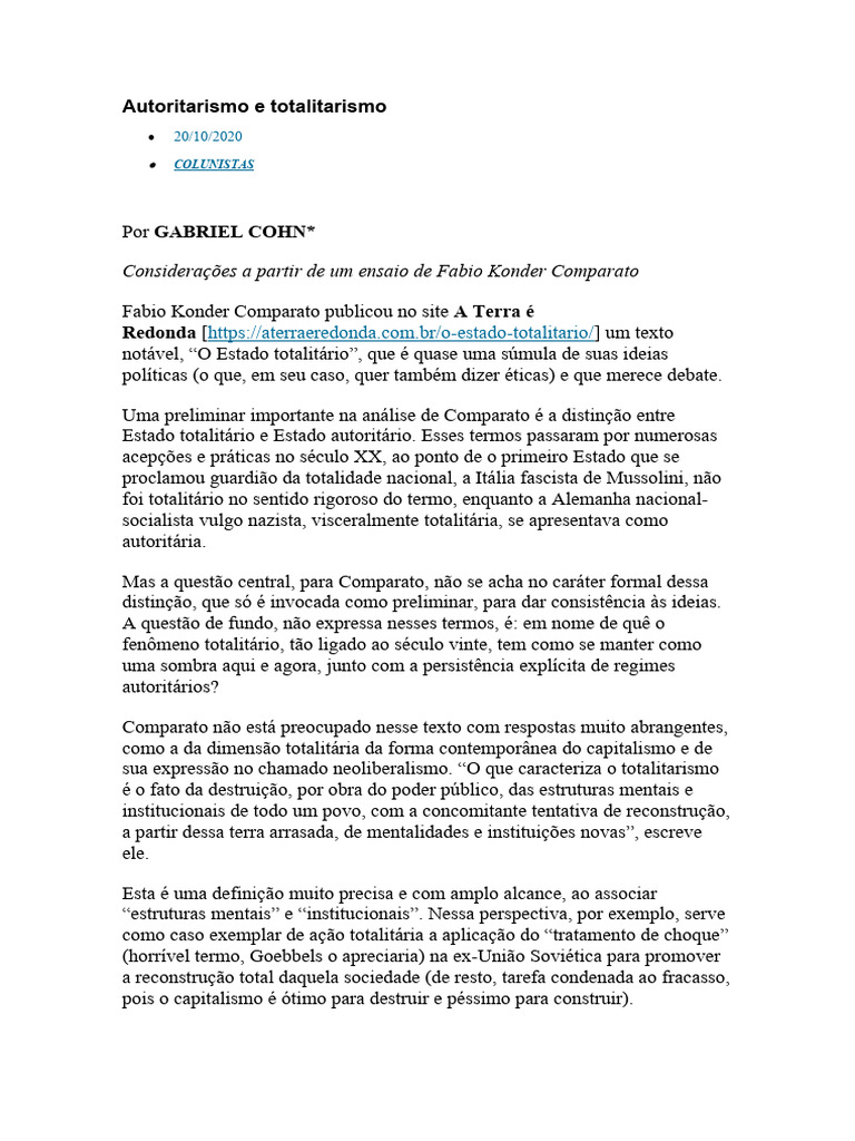 Distinções entre Totalitarismo e Autoritarismo | PDF | Totalitarismo ...