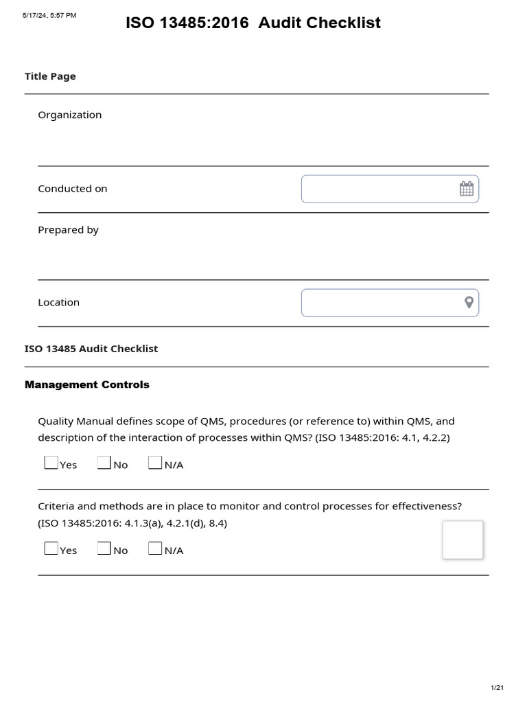 ISO 13485:2016 Audit Checklist Guide | PDF | Verification And ...