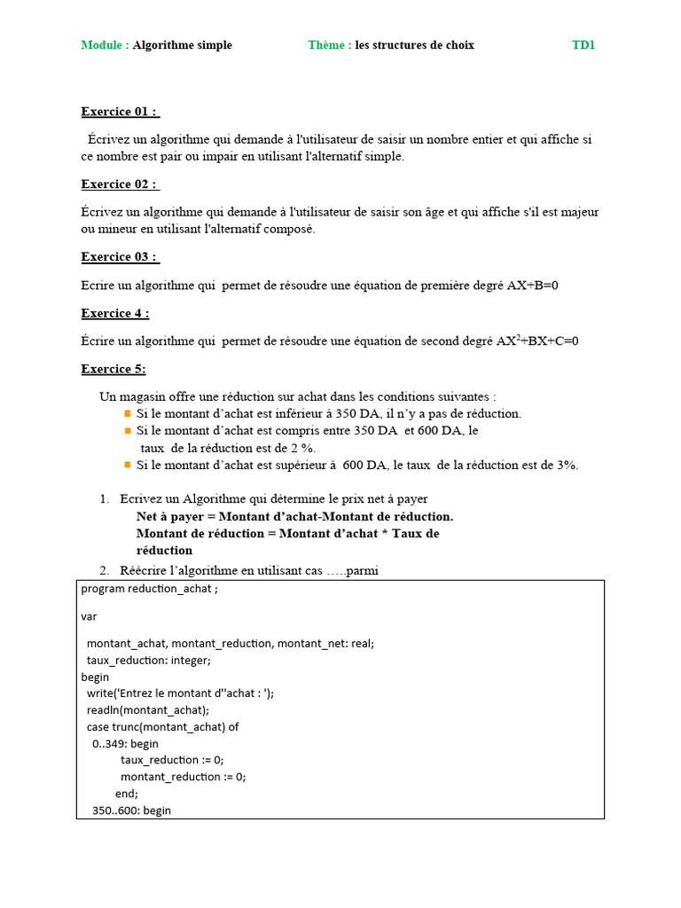 Algorithmes de choix en Pascal | PDF | Programmation informatique ...