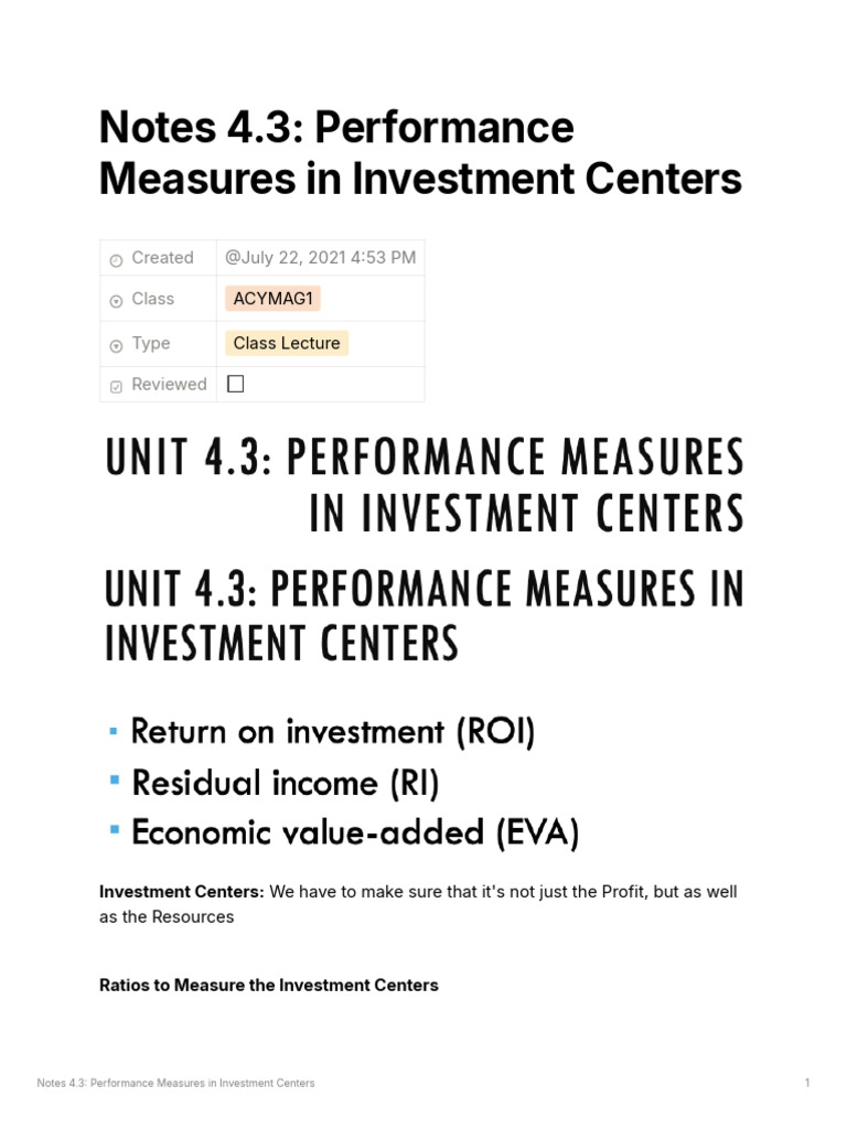 Notes 4 3 Performance Measures in Investment Cente | PDF | Return On ...