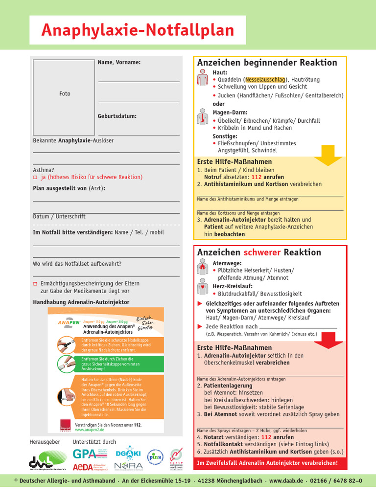 Anaphylaxie Notfallplan | PDF