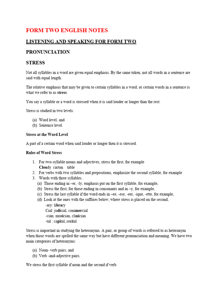 FORM-2-ENGLISH-NOTES | PDF | Stress (Linguistics) | Grammatical Number