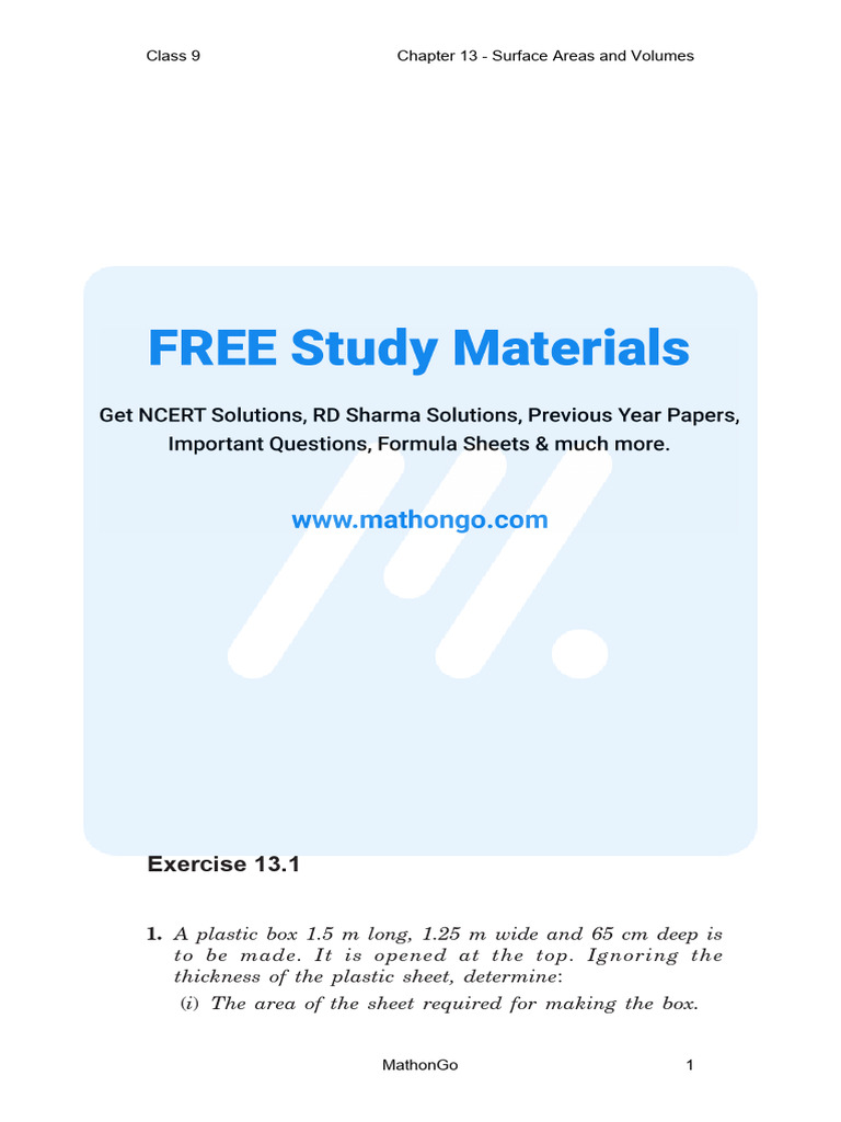 Mathongo ncert solutions class 9 maths chapter 13 surface areas and