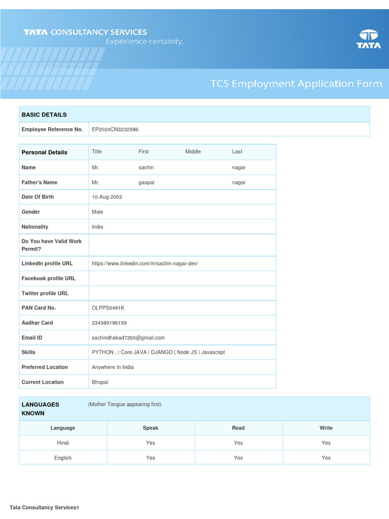 TCS Employment Application for Sachin Nagar | PDF | Background Check ...