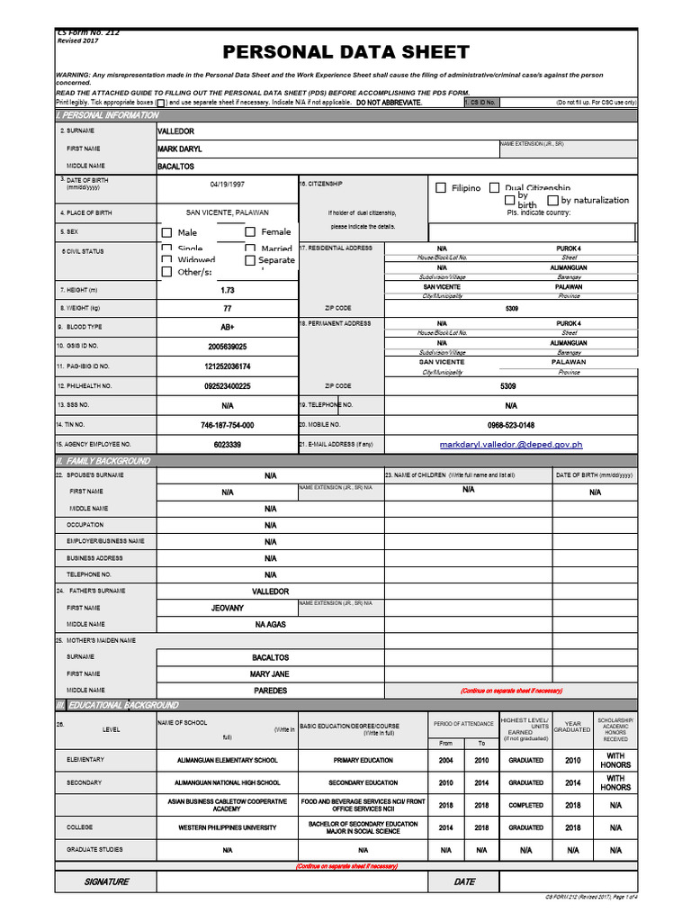 Personal Data Sheet (PDS) Example 2025 | PDF | Government
