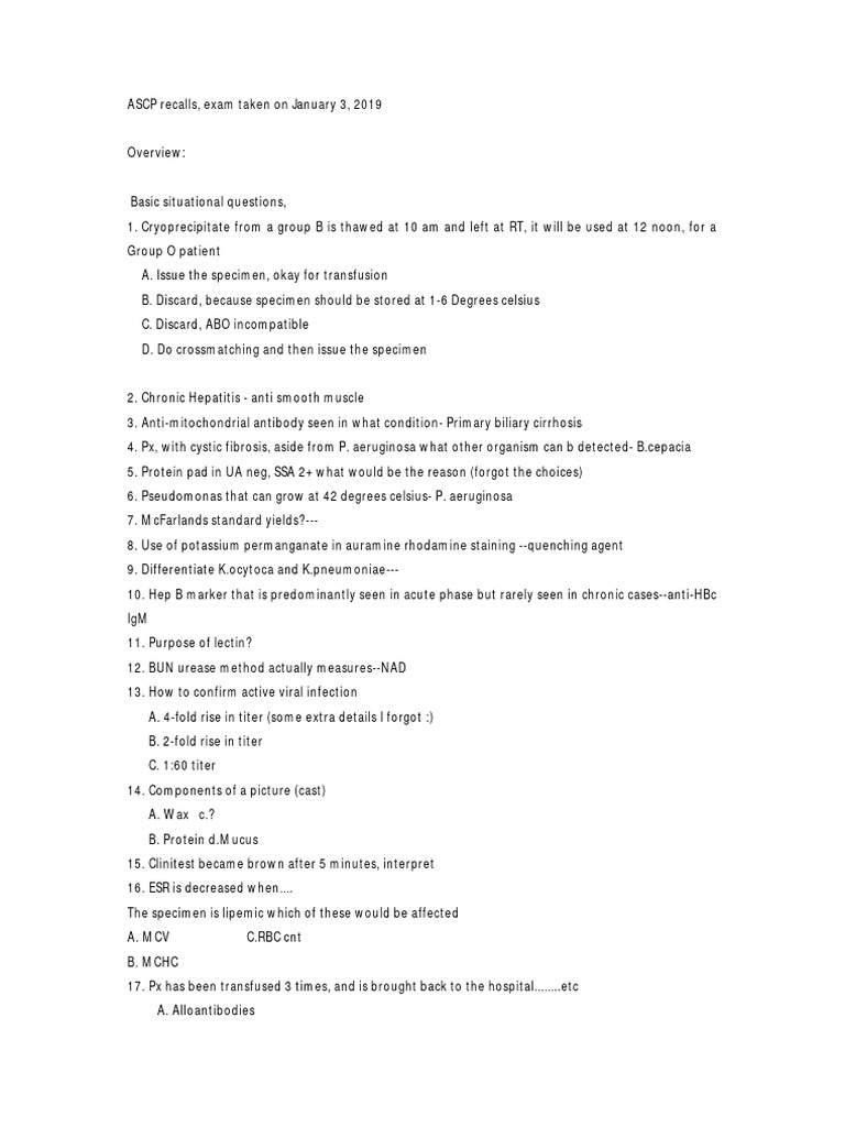 ASCP Recalls Exam Questions 2019 | PDF | Pseudomonas Aeruginosa ...