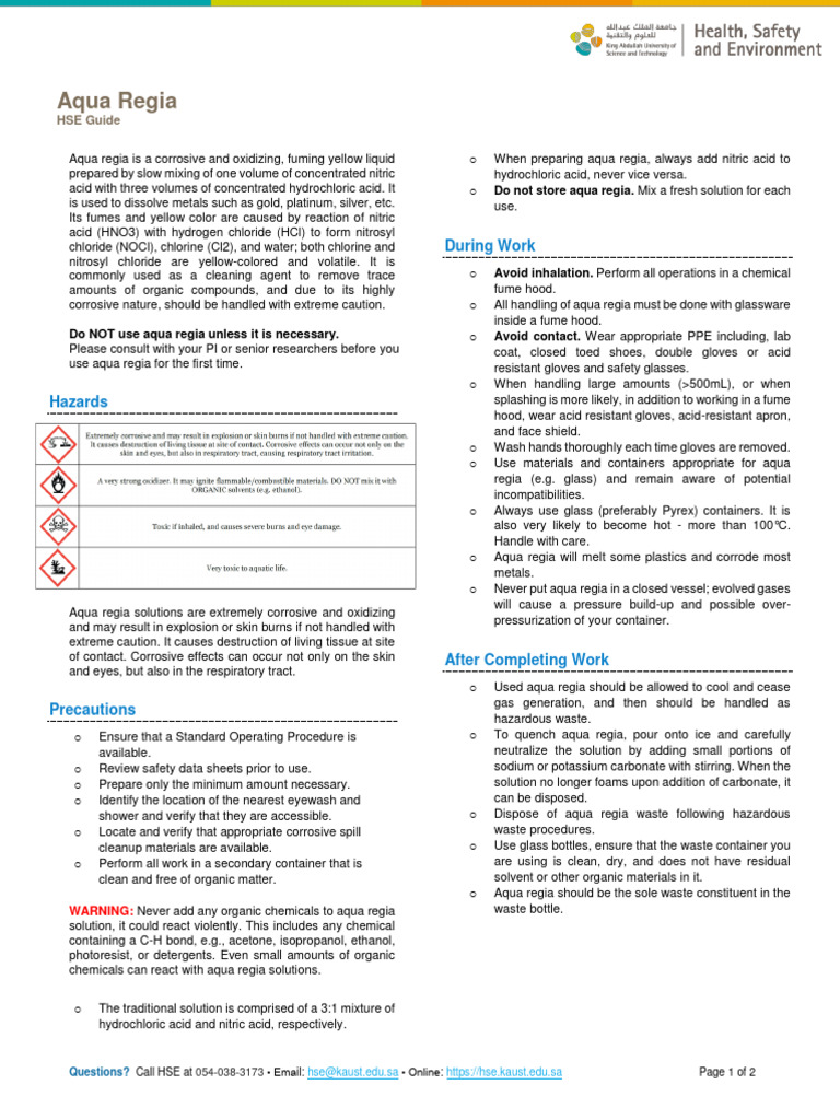 HSE Aqua regia guide PDF Chlorine Nitric Acid
