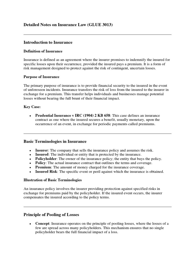 Insurance Law Overview and Key Concepts | PDF | Insurance | Risk
