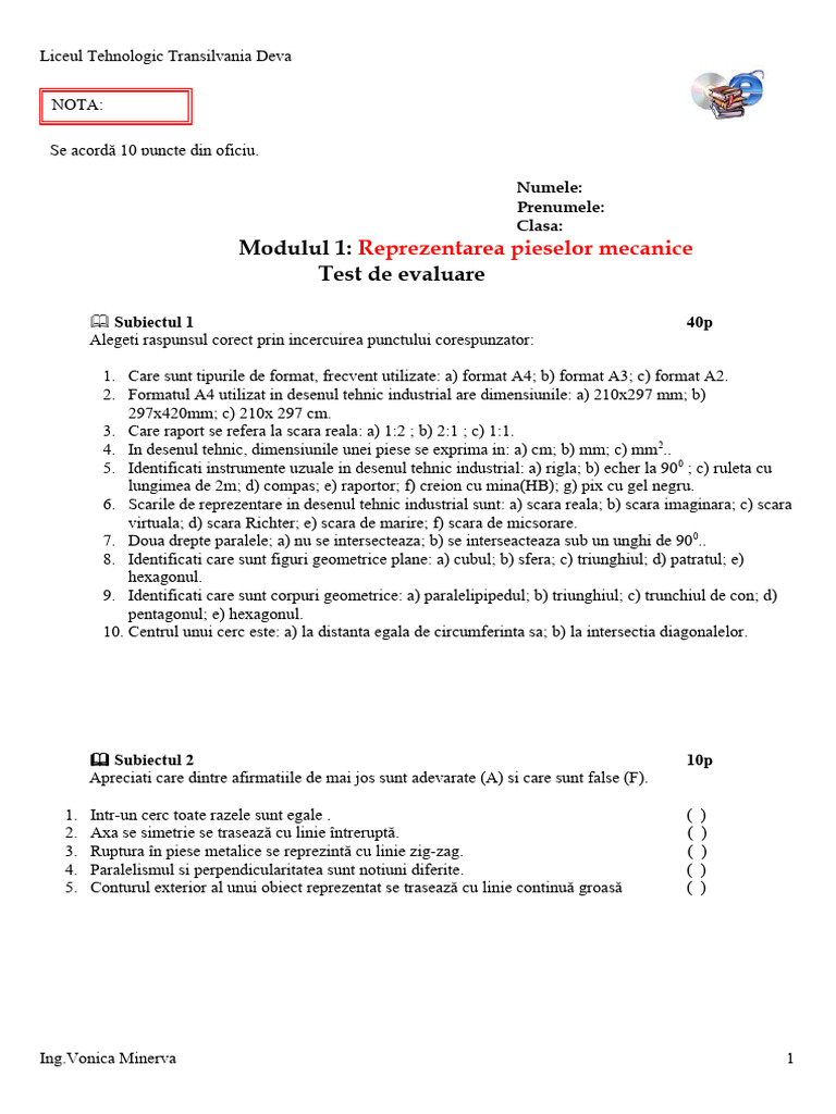M1 Reprezentarea Pieselor Mecanice - Test - de - Evaluare | PDF