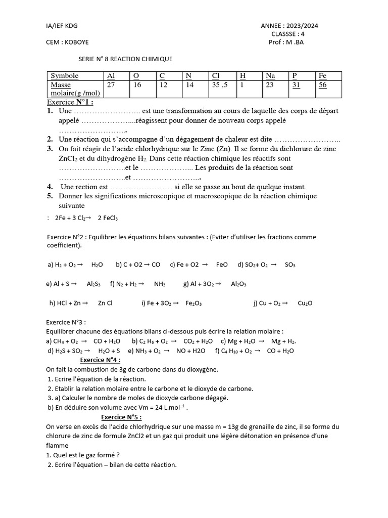 Exercices de Réactions Chimiques Seconde | PDF | Dioxyde de soufre | Zinc