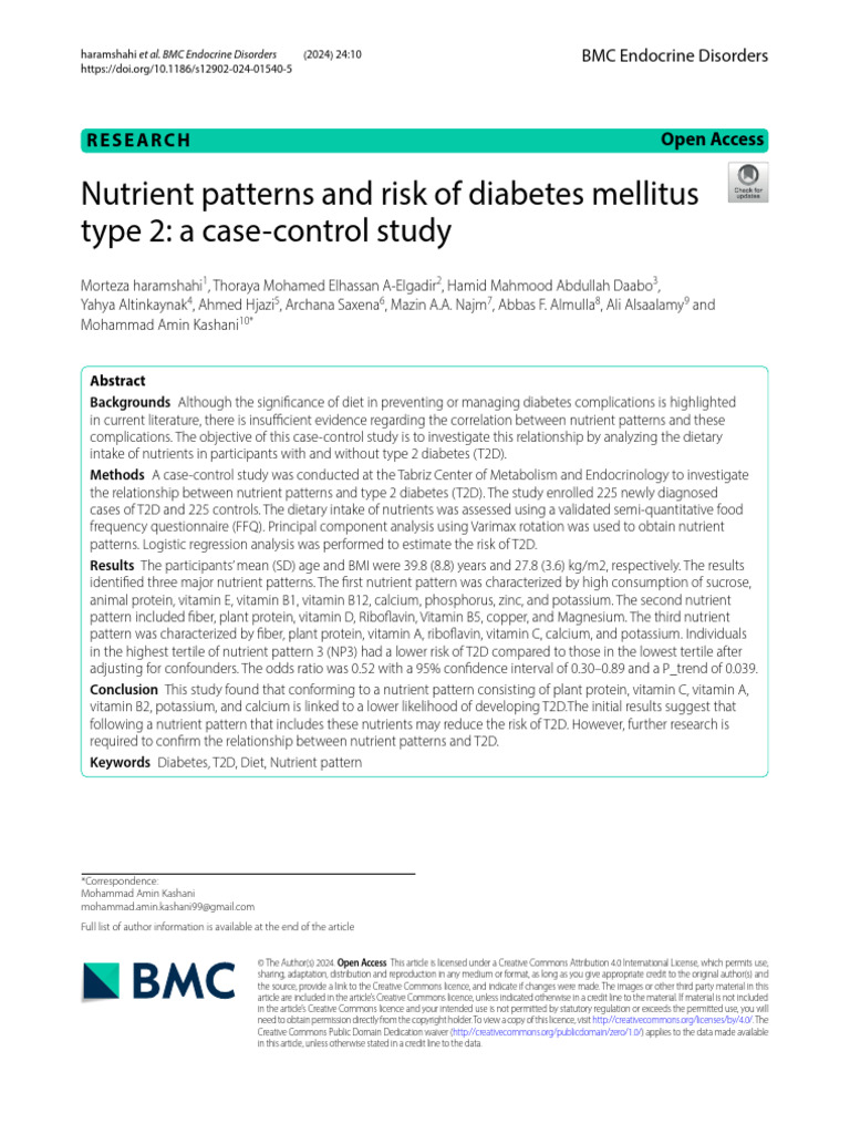 Nutrient Patterns and Risk of Diabetes Mellitus Type 2: A Case-Control ...