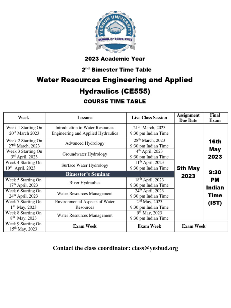 Water Resources Engineering Timetable | PDF | Hydrology | Earth Sciences