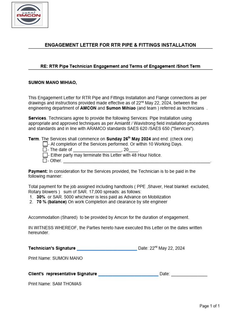 RTR Pipe Installation Engagement Letter | PDF | Business
